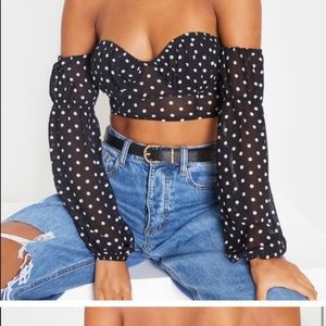 Black Polka Dot Off-Shoulder Long Sleeve Crop Top